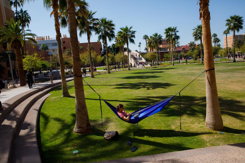 Male ASU student relaxing in a hammock on ASU Tempe campus.