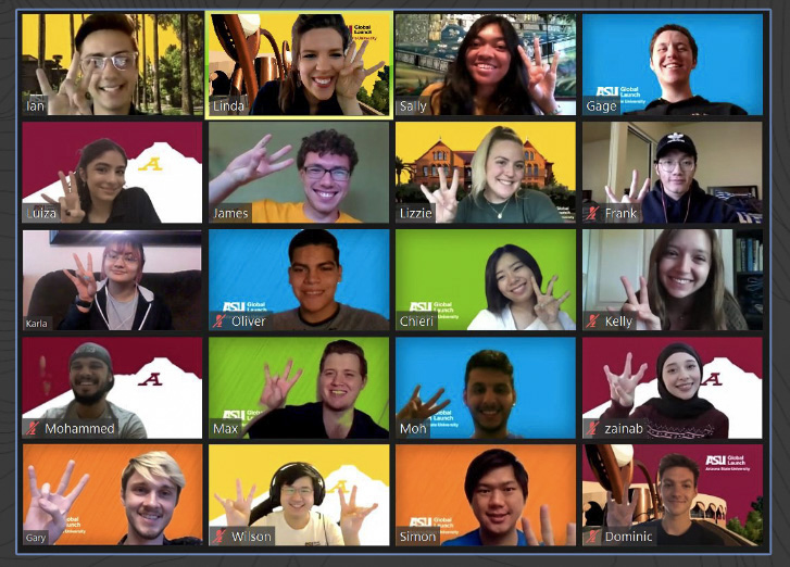 Tomorrow's Leaders ASU students show the pitchfork hand sign to show their school spirit in an online class.