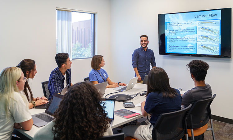 Global Launch student provides an academic presentation about a STEM topic in English to a group of students at ASU