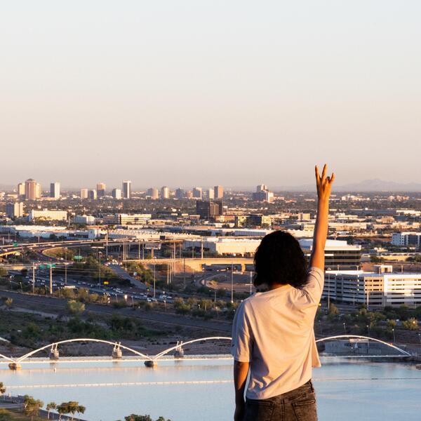 Person with raised arm overlooks a cityscape at sunset or sunrise, features water, a bridge, and distant mountains.