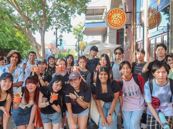 A group of ASU Global Launch students pose for a photo after getting ice cream on Mill Avenue.